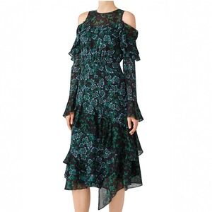 Tanya Taylor Athena Silk Midi Floral Dress Size‎ 6 Green Ruffle Cold Shoulder
